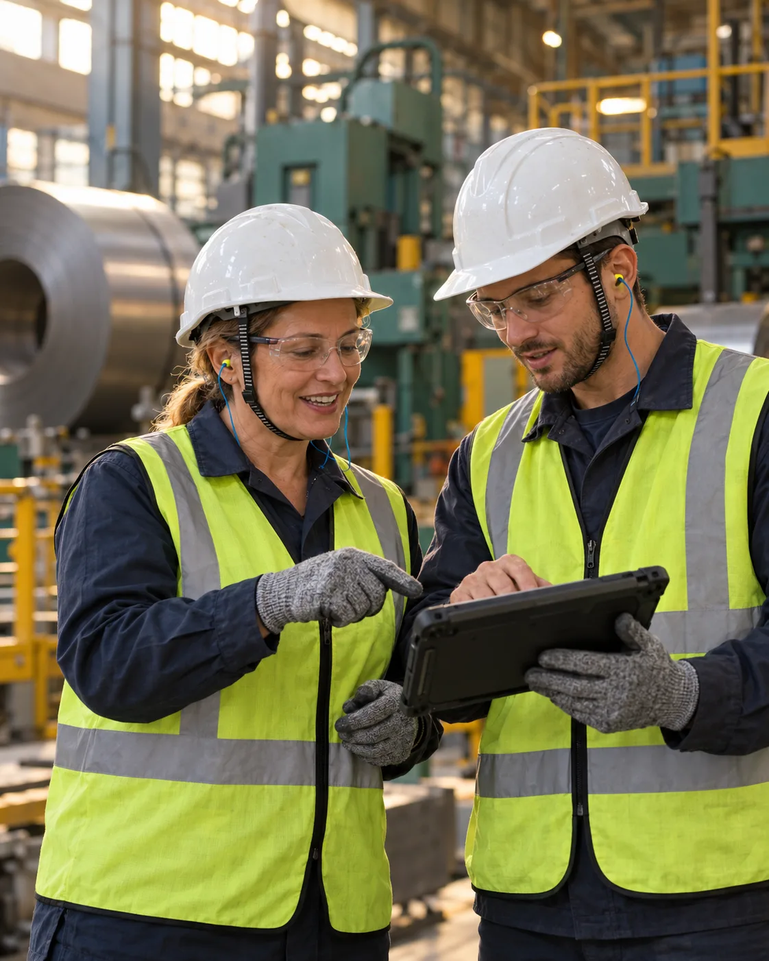 Two operators in hard hats and hi-vis vests going through a procedure on a tablet at their machine